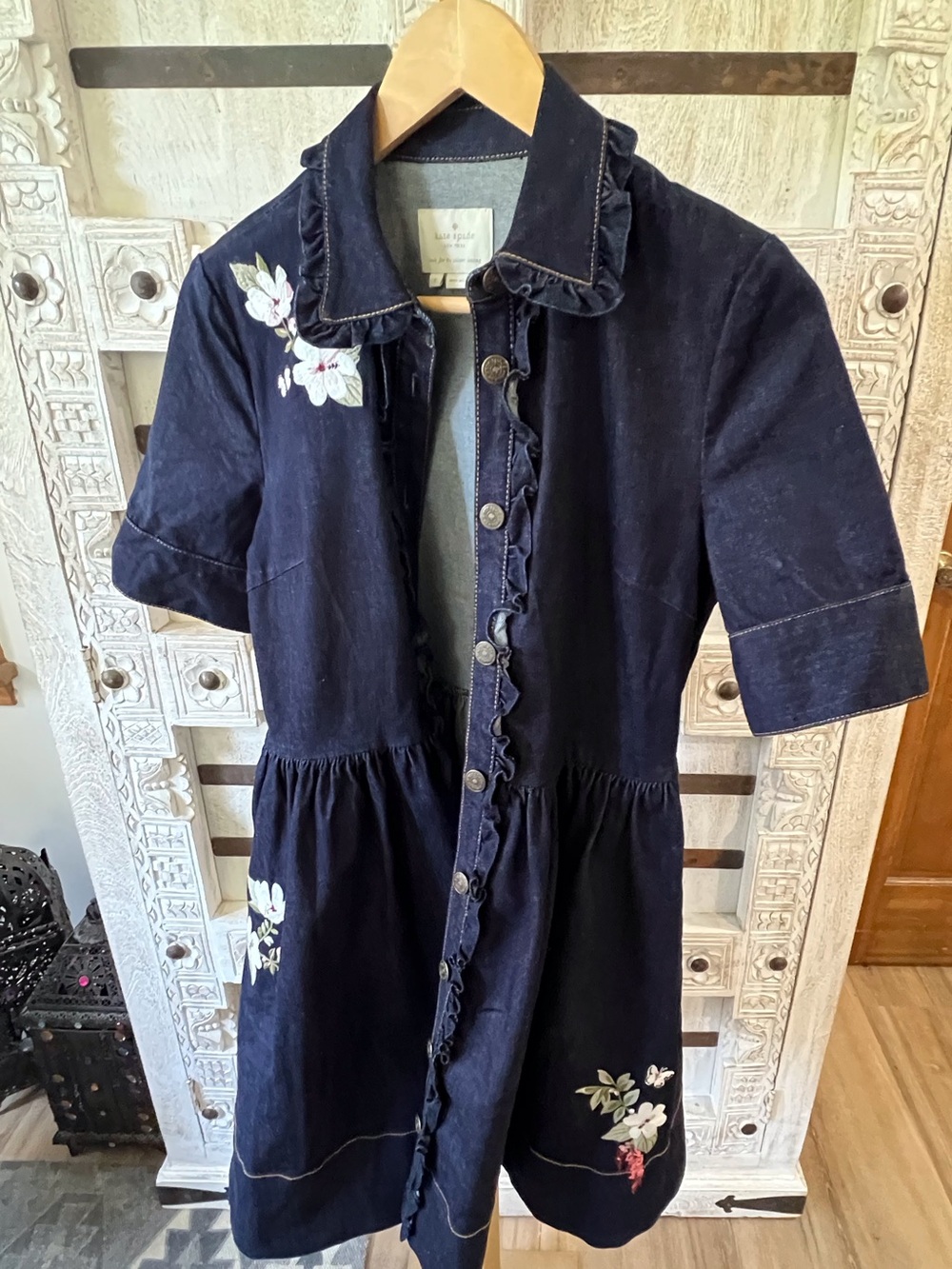 kate spade Navy Ruffle-Trim Denim Dress with Floral Embroidery - Picture 3 of 8